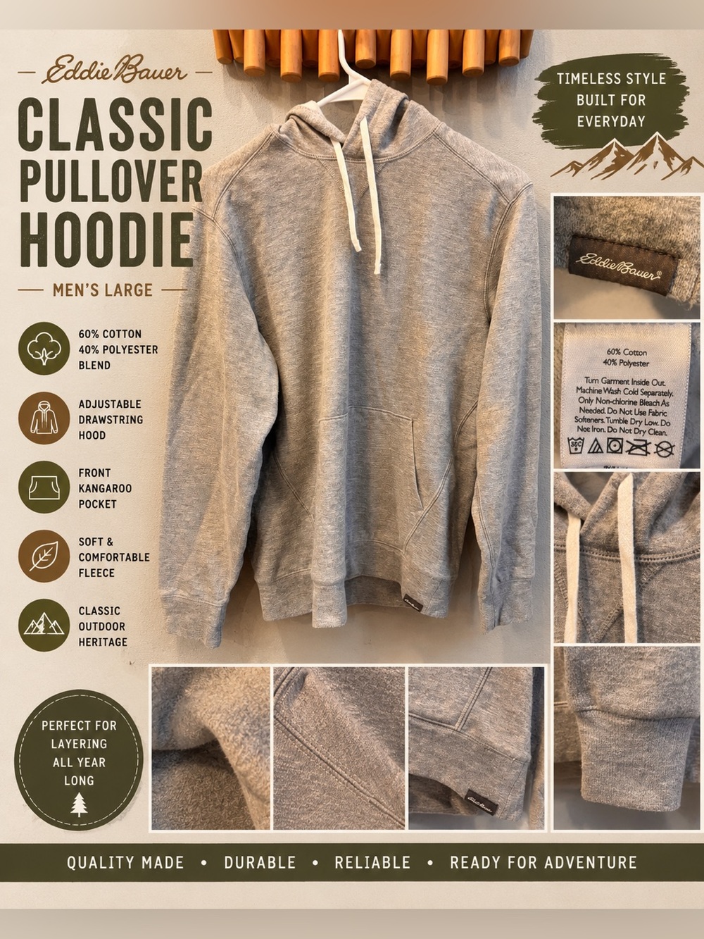 Eddie Bauer Gray Pullover Hoodie Men’s Large Fleece Sweatshirt